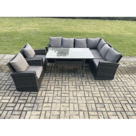 Fimous 8 Seater Garden Rattan Furniture Corner Sofa Dining Table Chair Set with Temper Glass and Cushions Indoor Outdoor Lounge Sofa Set (1/5)