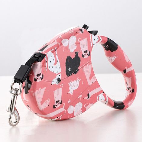 Laisse rétractable 5 m - Contrôle à une main pour les promenades en extérieur avec poignée en ABS et nylon, motif tête de chien imprimé et rétraction automatique rose (1/4)