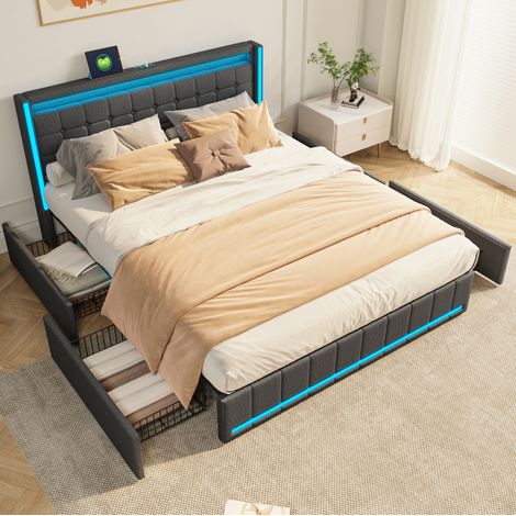 Cama 160x200x100 cm gris oscuro de madera maciza y MDF con 4 cajones, LED y puertos USB (1/5)