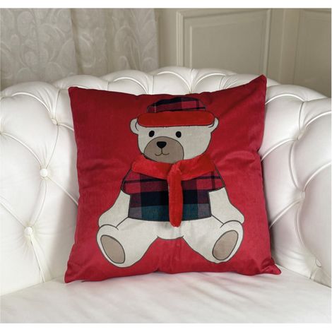 Preziosa Home Cuscino Arredo Natale Velluto Ricamo Gigante Orso 45 x 45 Cm Rosso