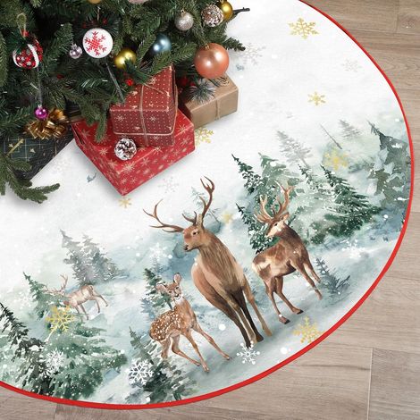 Falda para árbol de Navidad de poliéster de 120 cm con diseño de copo de nieve, ciervo y muñeco de nieve. Decoración navideña de invierno. (1/5)