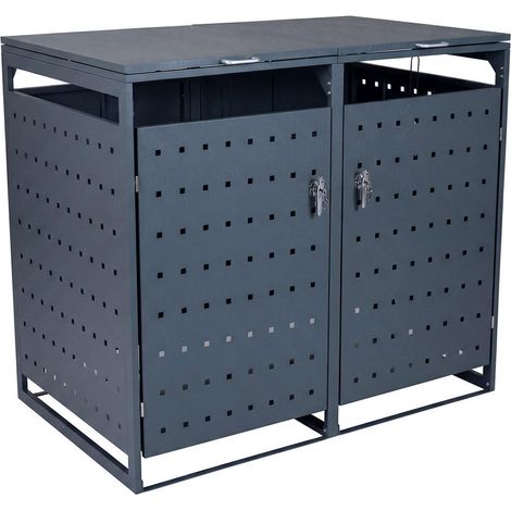 Rangement extérieur sécurisé, cache-poubelles métal 2 bacs 32/64 gal pour jardin, patio ou garage (1/5)