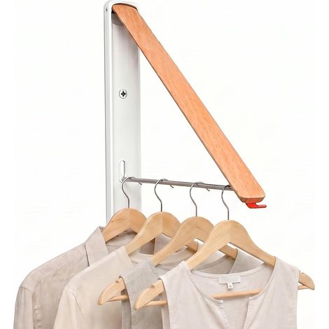 Étendoir à linge mural pliable avec finition en bois et blanc, solution de séchage peu encombrante pour buanderie, placard, balcon (lot de 1) (1/5)