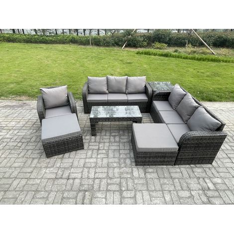 Fimous Ensemble de canapés en rotin 9 places Salon de jardin avec Table basse rectangulaire 2 Grand tabourets Canapé 3 places Table d'appoint Gris foncé mixte (1/5)