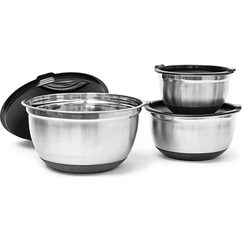 Bol en acier inoxydable lot de 3 avec couvercle et fond anti-glissement Saladier plat creux bol mélangeur protection arômes et saveurs, noir-argenté - Diamètre 17,5 / 21 / 25,5 cm (1/5)