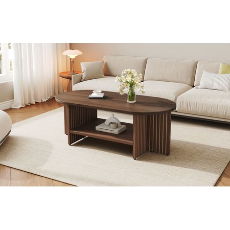 Mesa de centro ovalada 100x40x35 cm, con estante inferior, diseño de ranuras, MDF, color nogal (1/5)