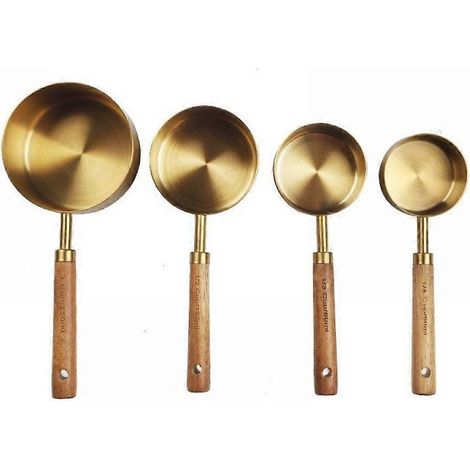 Ensemble de tasses à mesurer en acier inoxydable à manche en bois (4 pièces), tasses à mesurer de cuisine en acier inoxydable, outils de mesure précis pour la pâtisserie et la cuisine. (1/5)