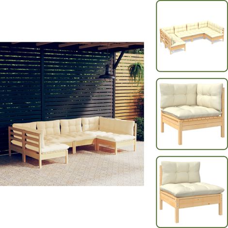 Muebles de exterior - vidaXL Muebles de jardín 6 pzas y cojines madera maciza de pino crema - Muebles de jardín modulares