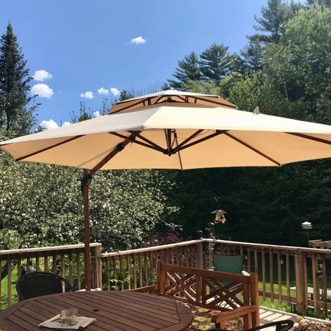 Purple Leaf – Parasol déporté en aluminium 3,65 m rond – Tissu polyester 240 g/m² UPF50+ – Mât antioxydant couleur teck – Rotation 360°