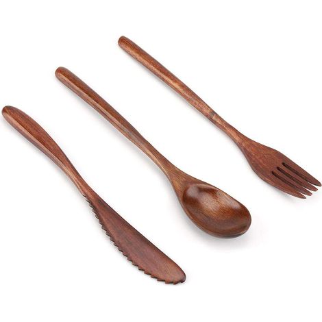 Ensemble de Couverts de Voyage réutilisables en Bois Naturel Japonais avec Couteau, Fourchette, cuillère, Knife & Fork & Spoon Only.