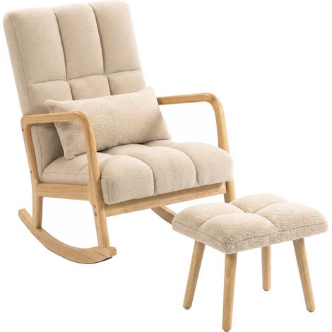 Fauteuil à bascule - HOMCOM - avec repose-pieds, coussin - tissu bouclette, bois - 64,5 x 82 x 89 cm - beige (1/5)
