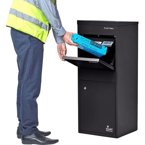 SMART PARCEL BOX™ Large Free Standing Postal Box Letter Box, Front and Back Access, Black (1/5)