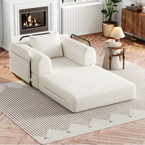 Canapé convertible 1 place en chenille beige avec accoudoir de rangement (1/5)