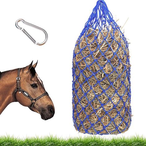 Filet à foin pour chevaux - Grand : 1 pièce - Filet à foin en nylon avec anneaux et mousquetons - Pour écurie et pâturage (100 cm, bleu) (1/5)