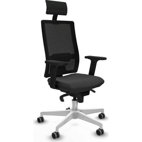 Horna sincro malla negra similpiel gris oscuro brazos 2D base blanca cabecero fijo ruedas 65mm engomadas (1/5)