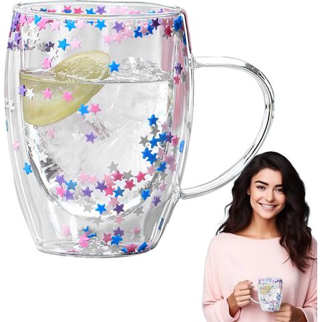 Double tasse à café en verre, 350 ml, esthétique, transparent  isotherme, tasse à café légère de grande capacité pour boissons chaudes et froides, pour femmes et filles (1/5)