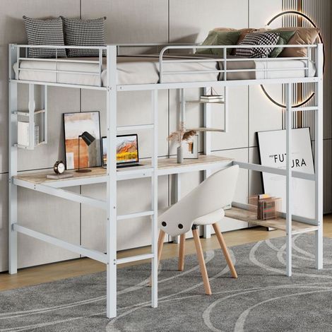 Lit Mezzanine 90x200 cm avec Bureau et Grande Bibliothèque - lit simple - Cadre Métal Blanc, Étagères, Échelle, Gain de Place (1/5)