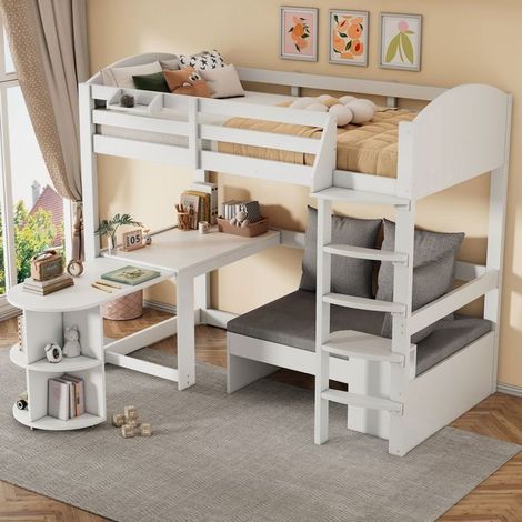 Lit Mezzanine 90x200 Bureau Coulissant Sofa Étagères - Lit Mezzanine Enfant - Bois Massif Blanc Sécurisé