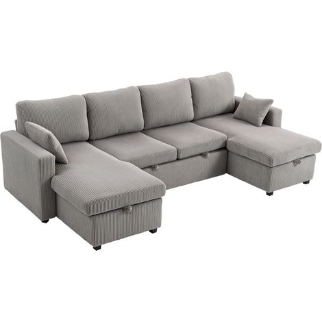 Divano letto trasformabile con letto estraibile imbottito, divano angolare trasformabile a 4 posti a forma di U con 2 chaise longue, vani contenitore e 2 cuscini, in velluto a coste, 282x140x86 cm, gr