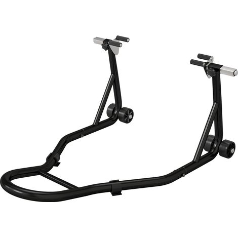 Support moto, béquille avant avec goupille réglable et adaptateurs pour bras oscillant, noir (1/5)