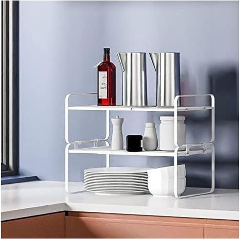 42 x 21 x36.5 cm White Kitchen Shelf, Spice Rack, Stackable, Expandable, Metal, Engineered Wood, Cup Organizer, Plate Organizer, Desk Shelf for Office (1/5)