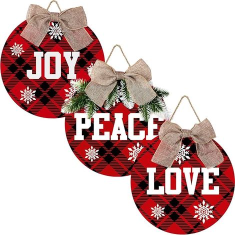 3 Décorations de Pendentifs de Noël : Signe Paix Joie Amour, Guirlande à Carreaux Buffalo, pour Porte d’Entrée, Décoration Festive Rustique en Jute et Bois, Décorations Noël Intérieur Extérieur (Noir (1/4)