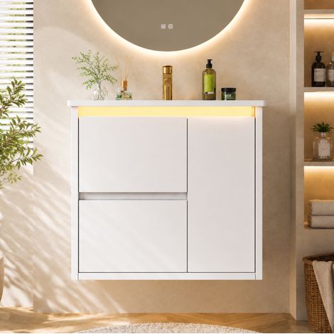 Mobiletto da bagno sospeso con sensore LED, 2 cassetti, meccanismo di chiusura ammortizzata, 61x46,5x57 cm, bianco (1/5)