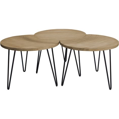 Couchtische strukturiert aus Mangoholz und schwarzes Metall (3er-Set) VIBES