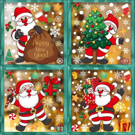 Décorations de Noël, cadeaux Père Noël et bonhomme de neige, autocollants électrostatiques pour chambres, salons et vitrines - [Quatre combinaisons] 415-417+421 -