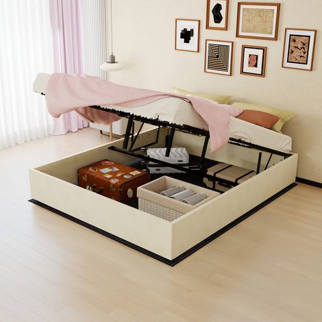 Cadre de lit moderne - 160x200 cm - Beige - Velours néerlandais - Pistons à gaz - Sans tête de lit - Structure solide (1/5)