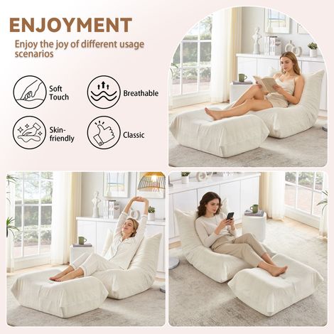 Canapé relax inclinable avec repose-jambes, fauteuil convertible en pouf doux style nounours, siège moelleux une place pour séjour, chambre, bureau ou studio, teinte beige. (1/5)