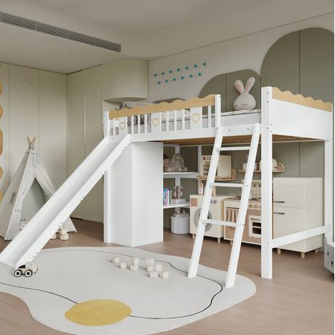 Lit mezzanine enfant 90/200 cm blanc et naturel en bois massif et panneaux de fibres avec toboggan et rangements (1/5)