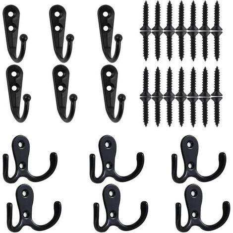 12 pièces patères murales, crochets doubles et simples en métal noir, vis incluses, pour vestiaire, entrée ou salle de bain (1/4)