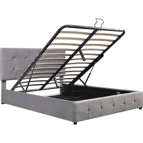 Cama canapé 140 x 200 cm con cabecero ajustable, somier metálico, terciopelo gris (1/5)