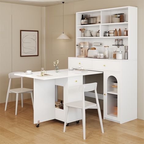 Ensemble Cuisine 2 - Buffet 120x45x180cm et Table Pliante 120x75x75cm - Station de Rangement et Repas Multifonction - Blanc (1/5)