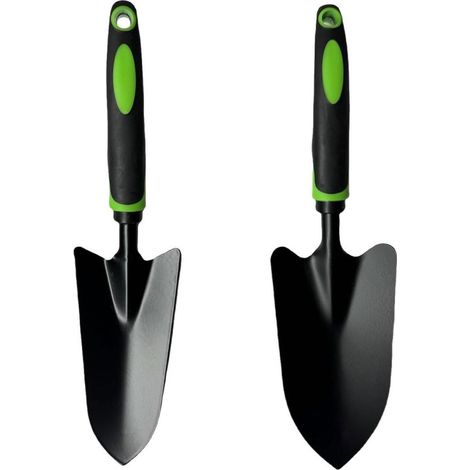 Due attrezzi da giardinaggio per piantare, trapiantare e diserbare: una pala da giardino in acciaio e una piccola pala da giardino con impugnatura ergonomica.