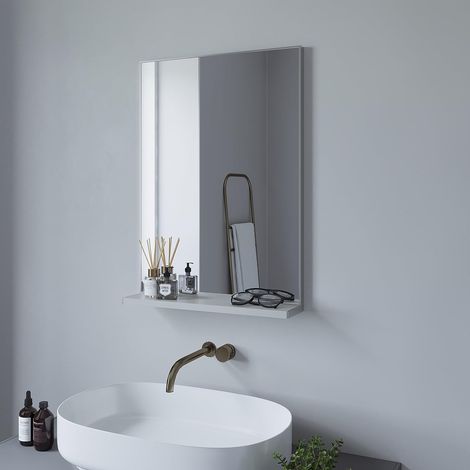 AQUABATOS  Badspiegel mit Ablage, Wandspiegel mit Regal Rechteckiger Spiegel Modern Badspiegel mattes Silber Aluminiumrahmen 70 x 50 cm (1/5)