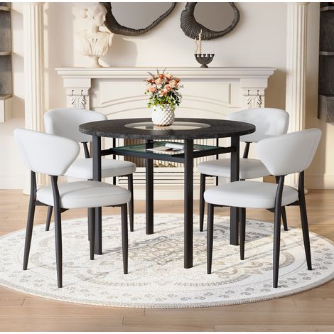 Rundes Esszimmer-Set Ø 100 cm mit 4 weißen PU-Stühlen und schwarzer Holzoptik (1/5)