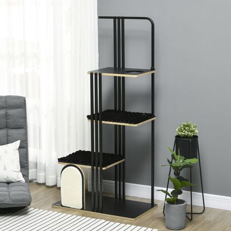 Kratzbaum, Industrial Design, 3 Plattformen, 2 Liegekissen, Kratzwand, Stahlrahmen, schwarz, 85 x 48 x 170 cm
