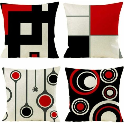 MINKUROW Fodera Per Cuscino, Set Di 4 Cotone E Lino Moderno Nero Rosso Motivo Geometrico Decorativo Federa Per Cuscino Per Divano Camera Da Letto Casa 45 X 45 Cm (1/4)