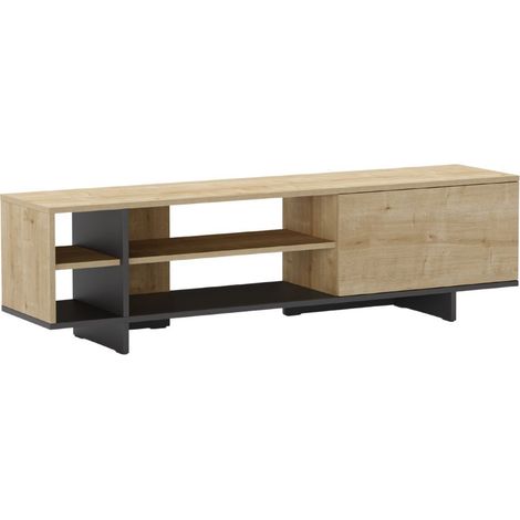 Meuble TV 1 portes 4 niches en mélaminé imitation bois et noir - ESQUISSE (1/5)