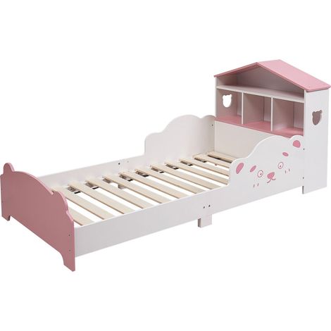 Cama tipo casita para niños pequeños con estante y barandillas de seguridad