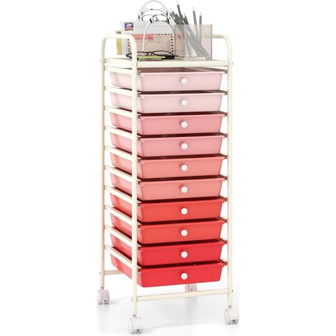 GOPLUS Chariot de Rangement 10 Tiroirs à roulettes, Tour de Rangement à roulettes, Tiroirs en Plastique&Cadre en Acier, pour Chambre, Bureau, 37x33x86CM (Rose) (1/5)