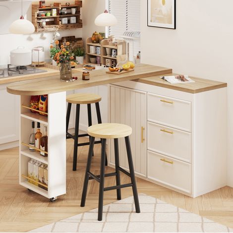 Mesa de bar giratoria con almacenaje, 128-203 x 39 x 90 cm, MDF, blanca (1/5)