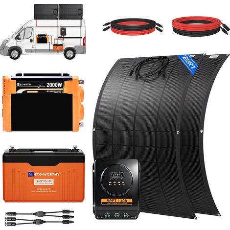 ECO-WORTHY 4019Wh Komplettes Off-Grid Solaranlage für Wohnmobil-12V 314Ah LiFePO4 Batterie+2×200W Flexible Solarmodule+40A MPPT Laderegler+2000W Wechselrichter.Versorgt Kühlschrank und Kaffeemaschine (1/5)