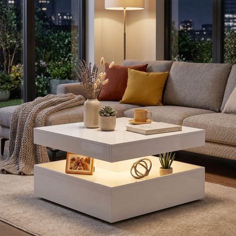 Mesa de centro LED 89x89x14 cm, con iluminación RGB, almacenaje abierto, blanco brillo, fibra de madera (1/5)