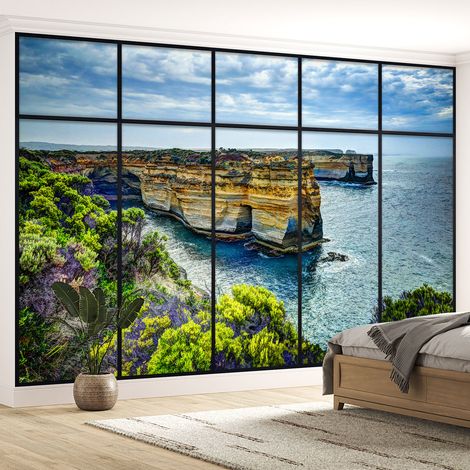 Papier peint panoramique Trompe l'oeil Verrière - Vue mer falaises - 395 cm x 250 cm (1/5)