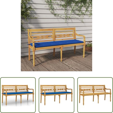 vidaXL Banc en teck - Banc Batavia avec coussin bleu royal 150 cm Bois de teck massif (1/5)