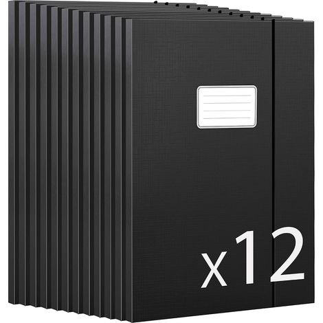 Lot de 12 Chemise Cartonnée A4 avec 3 Rabat - Dos de 1.13 cm, Carton 350 g/㎡, Pochette Cartonnée à Rabat avec Élastique - Noir (1/5)