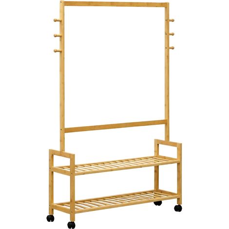 Porte-manteaux sur roulettes pratique rangement 135 x 90 x 25 cm en bambou naturel (1/2)